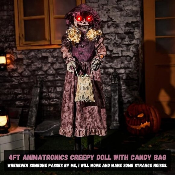 ELAMAS 4 ft Animatronic Halloween Doll With Double Face Glowing Red Eyes - Picture 2 of 9